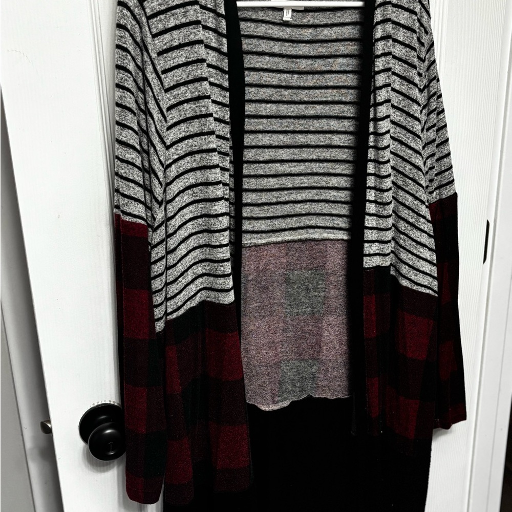 Striped and Plaid Open Front Cardigan